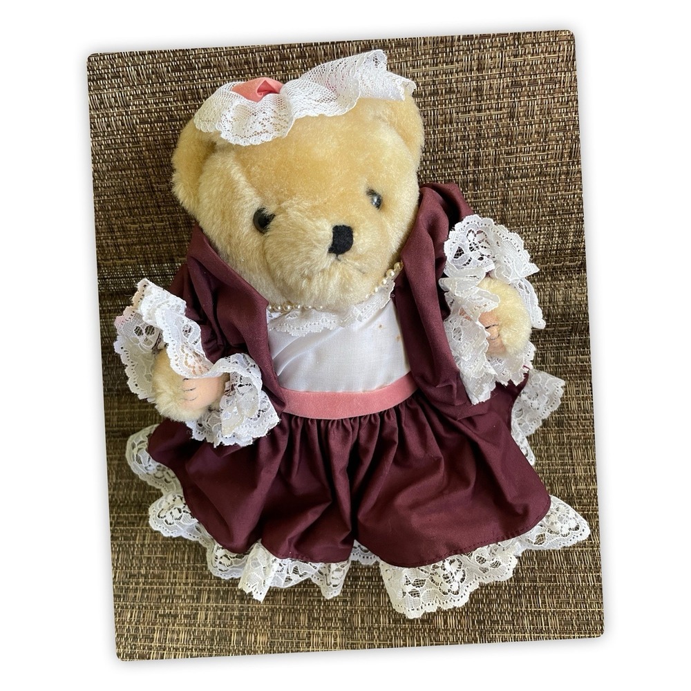 9" Vintage Style Teddy Bear Plush Lace Dress Bonnet KC & Company Victorian Decor